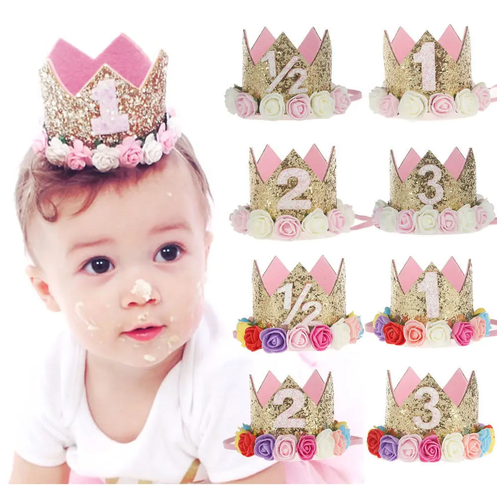 

Baby Girl Birthday Party Supplies Hat Flower Princess Glitter Crown Hair Decor