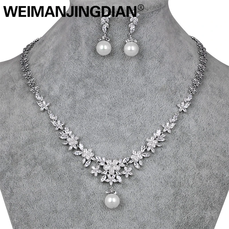 WEIMANJINGDIAN Flower Cubic Zirconia CZ Zircon Crystal and Shell Pearl Wedding Bridal Jewelry Earring Necklace Set for Women