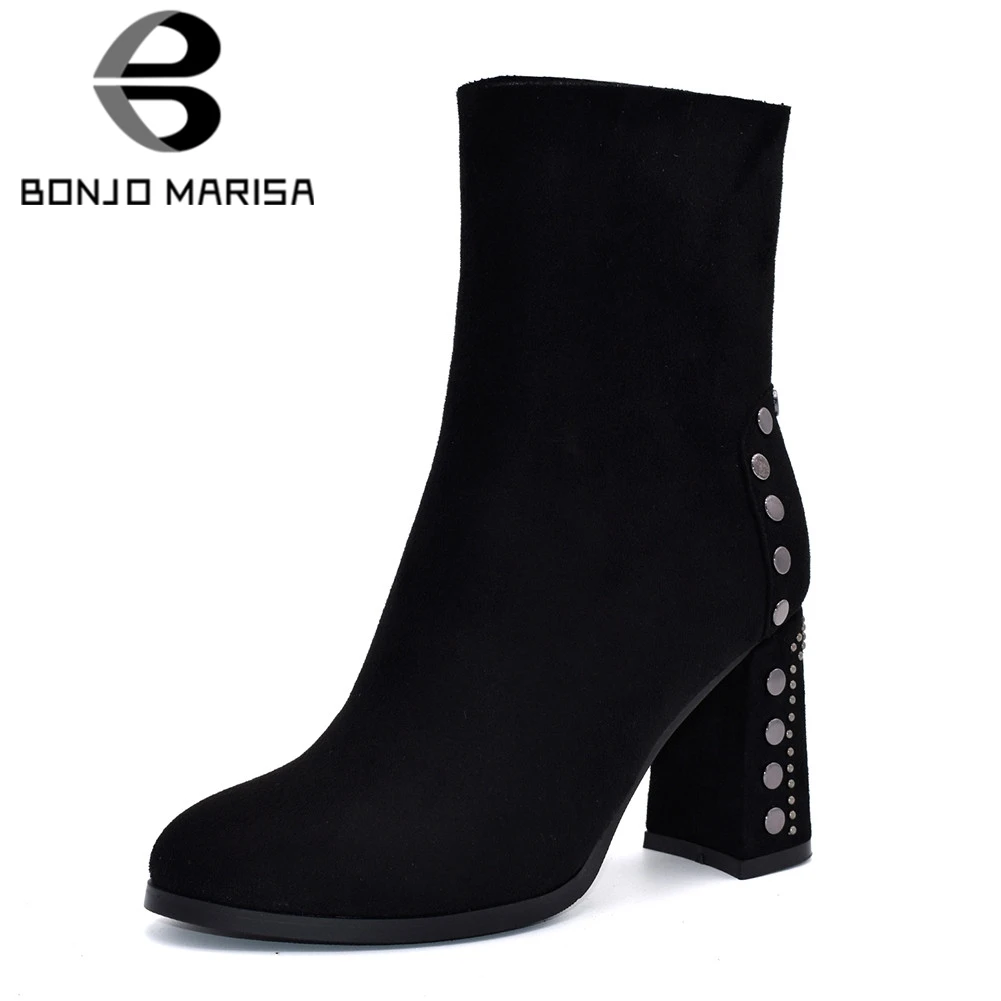 

BONJOMARISA New Solid Metal Decoration Rivet Best Quality Square High Heels Shoes Woman Casual Winter Ankle Boots