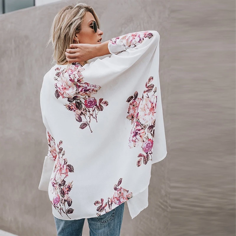 2019 Autumn Retro Floral Kimono Long Sleeve Chiffon Blouse Casual Loose Beach Wear Cover Up Shawl Cardigan Shirt Women Tops