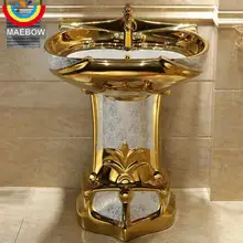 Fregadero de cerámica con Pedestal de pie, lavamanos de Pedestal y lavabo de mosaico dorado Vintage