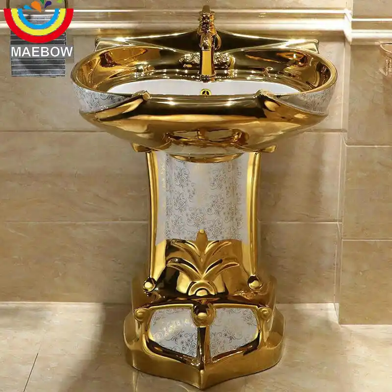 Mosaic Gold Vintage Luxious Pedestal Sink Ceramic Bathroom Sink With Stand Pedestal Wash Basin Close Coupled Suite With Overflow Aliexpress