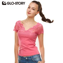 GLO-STORY, Высококачественная Однотонная футболка с v-образным вырезом, женские хлопковые эластичные кружевные футболки, женские сексуальные повседневные топы, футболки с коротким рукавом