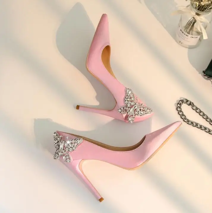 

Elegant Pink Leather Women Pumps Crystal Butterfly-knot Decor High Heel Shoes Pointed Toe Slip-on Ladies Wedding Dress Shoes