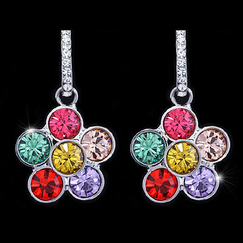 

Peacock Star Dangle Multi-Color, Pink Flower Austrian Crystals Earrings CSE455