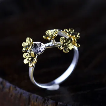 

Authentic 925 Silver Ring Antique Reto Plum Flowers Rings Womens Jewellery Resizable Fine Jewelry Bijoux Femme