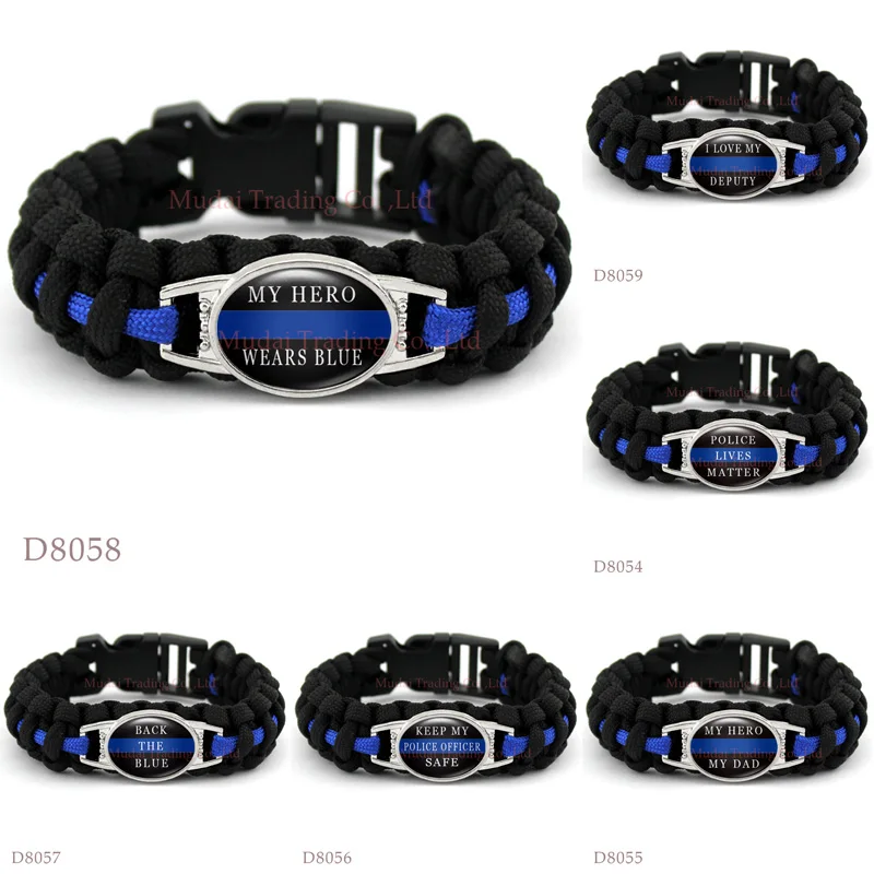 

Custom OFFICER MY HERO MY DAD THIN BLUE LINE Paracord Survival Outdoor Camping Bracelet for Jewelry Black