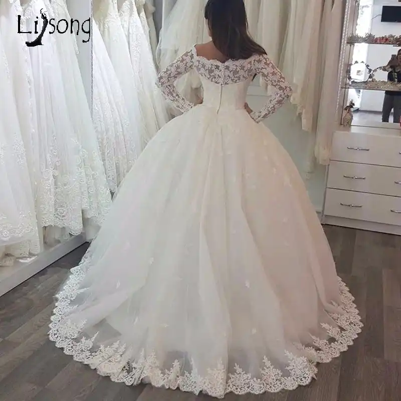 White Appliuqes Long Sleeves Puffy Wedding Ball Gowns Dresses