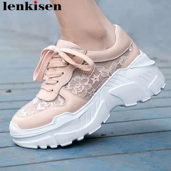 

Lenksien pretty girls genuine leather lace up sneakers high bottom flat platform round toe lace ventilated vulcanized shoes L19