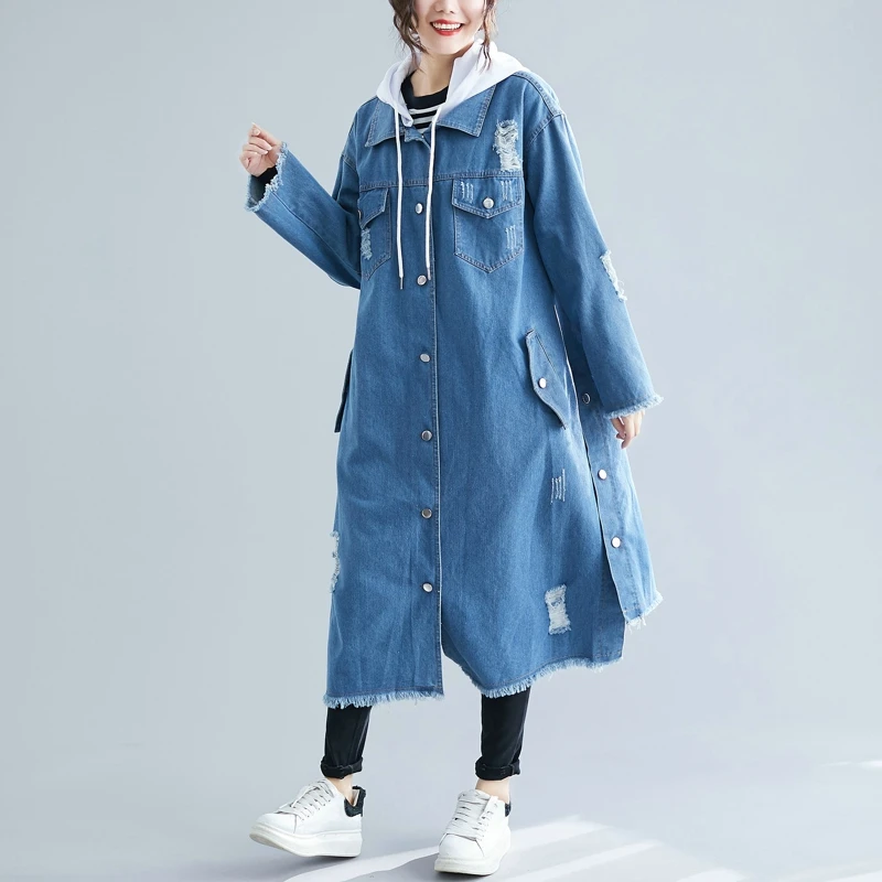 Female Denim Cardigan Hooded Trench Detachable Long Hoodie Denim Trench Coat Women's Windbreaker Large Size Ladies Clothes