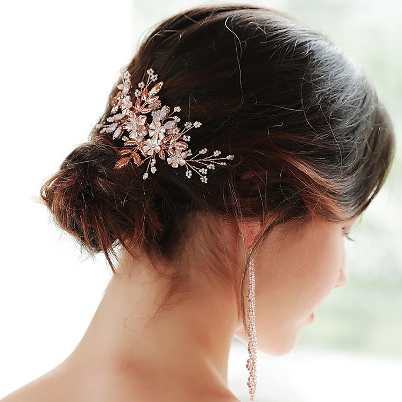 Women Flower Hair Combs Rose Gold Color Leaf Hair Jewelry Accessories Elegant Pink Crystal Wedding Hair Ornament For Bride