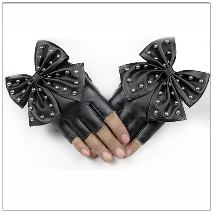 WarBLade женские кожаные перчатки, черные перчатки без пальцев из искусственной кожи, варежки с большим бантом, женские перчатки на половину пальцев, Luvas, танцевальные - Цвет: Blcak