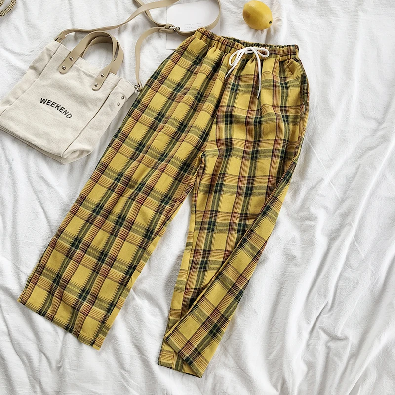 Летние женские желтые брюки в японском стиле с высокой талией, полосатые клетчатые хлопковые брюки