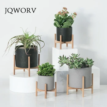

JQWORV Nordic desktop solid wood flower stand cement fleshy flower pot creative simple living room balcony assembly flower pot