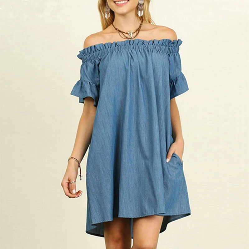 

2019 New Women Dress Casual Ruffled Denim Blue Sundress Slash Neck Off Shoulder Party Mini Dress Long Shirt Vestido