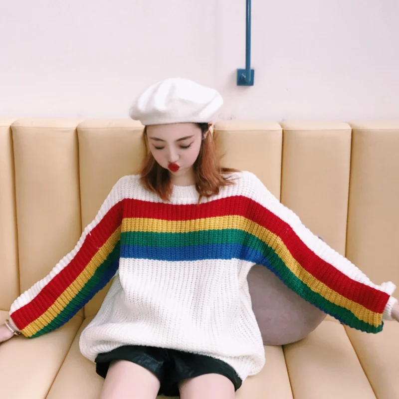 2018 Womens Sweaters Japanese Kawaii Ulzzang Loose Stripe Colorblock Rainbow Sweater Female 