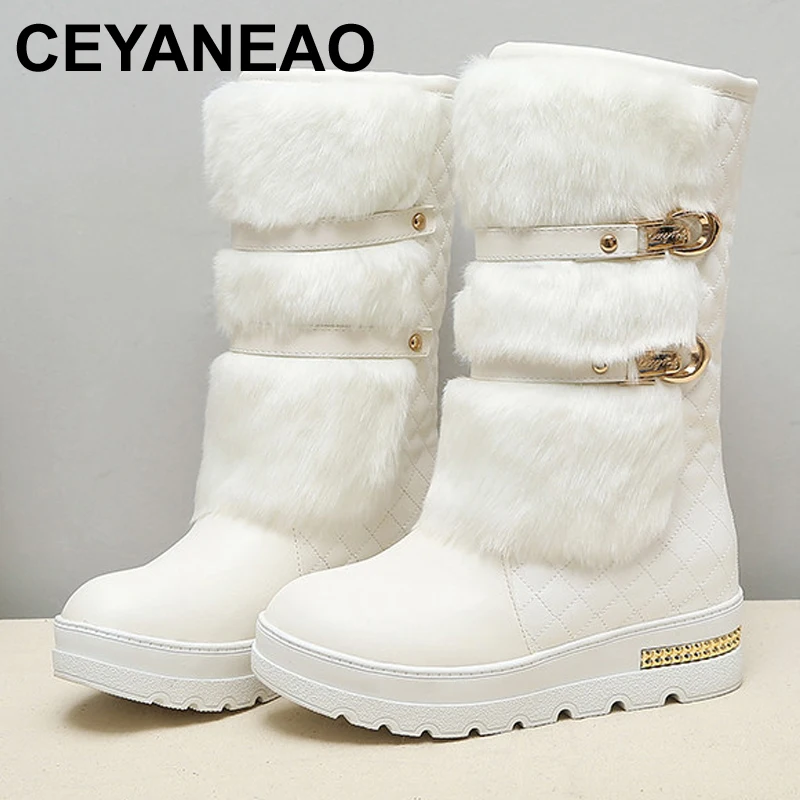 

CEYANEAO Promotion large size Women Winter Boots Fashion Hidden Wedges Warm Fur Shoes Woman Platform Med-calf Snow Boots E1469