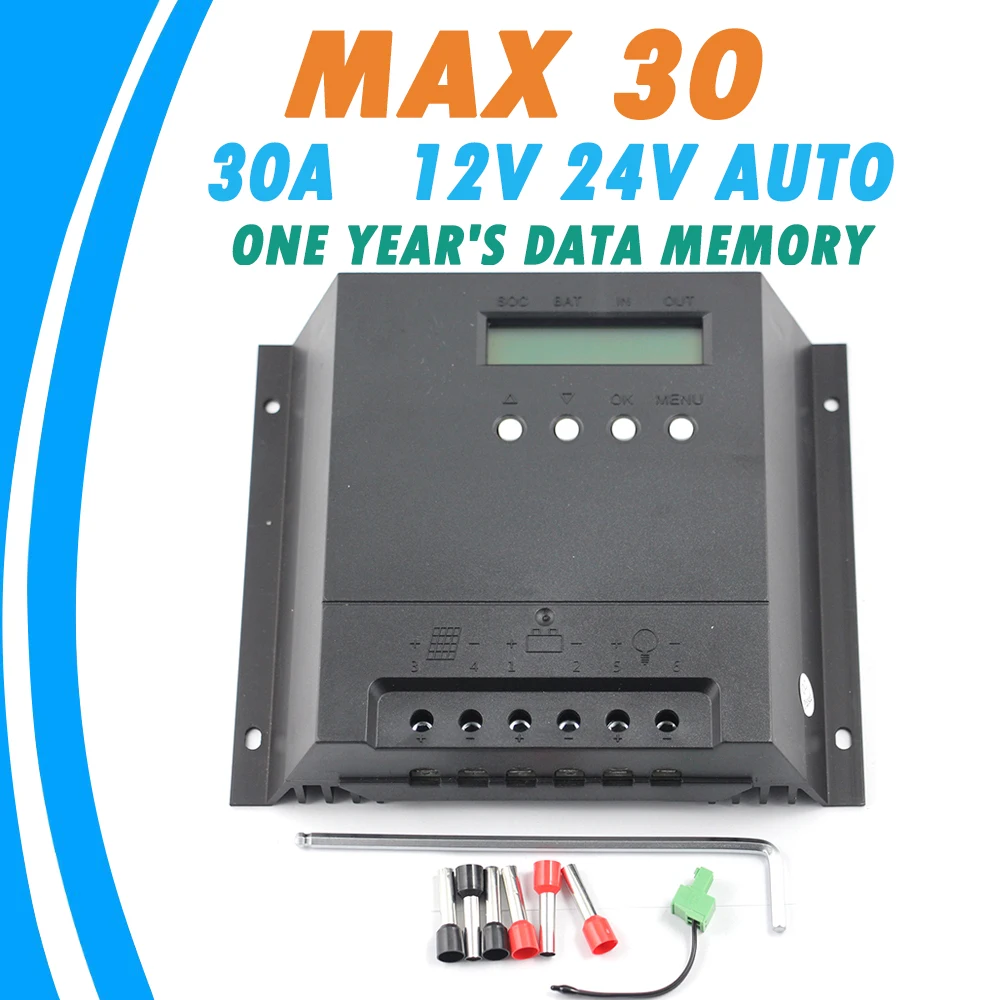 

PWM 30A Solar Regulator 12V/24V Auto Solar Charge Controller with One year's Data Memory Function LCD Display Temperature sensor