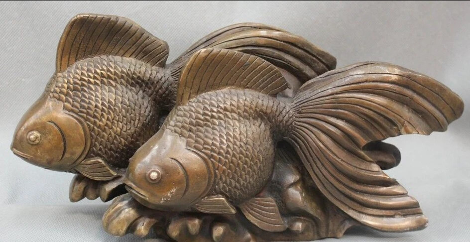 

13" China Chinese Folk Fengshui Copper Fu Two goldfish Fish Statue sculpture