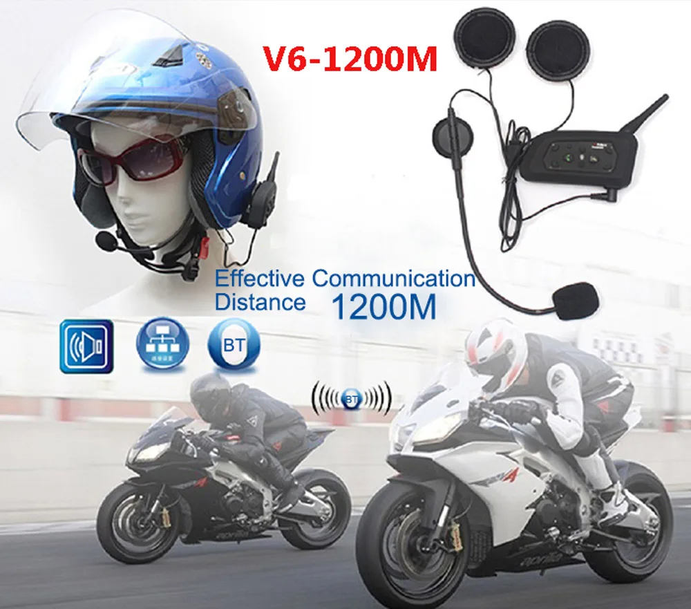 VNETPHONE Motorcycle Bluetooth 3.0 Helmet Headset Interphone Wireless 6 Riders Handsfree Headphone for Riding Snow Sport 2pcs 
