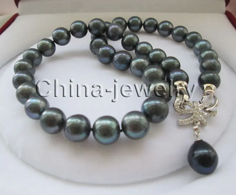 

FREE SHIPPING HOT sell new Style >>>>17"11-12mm natural black round freshwater pearl necklace-13mm drip pearl pendant