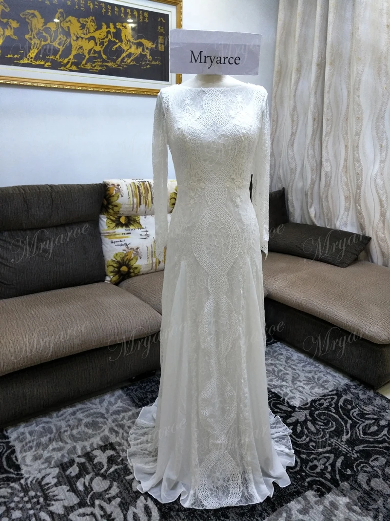 Lace Bohemian Wedding Dresses Unique French Lace Long Sleeve Boho Wedding Dress Open Back Bridal Gowns vestido de noiva 2017 (7)