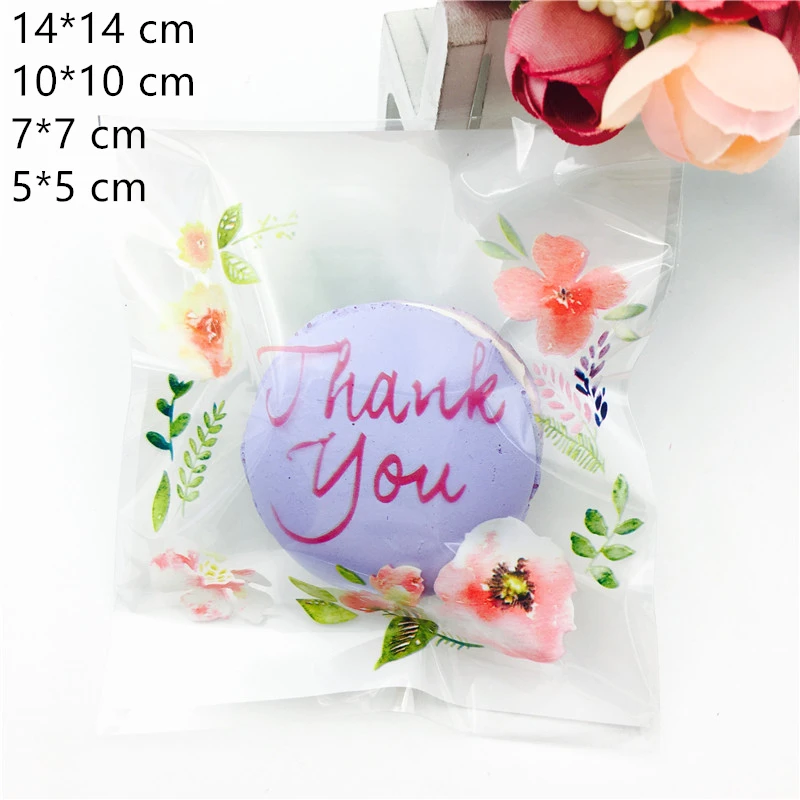 

4 sizes 100pcs Plastic Cookie Bags Transparent Flower Thank you Gift Bag Wedding Cake Candy Macaron Packaging Bag