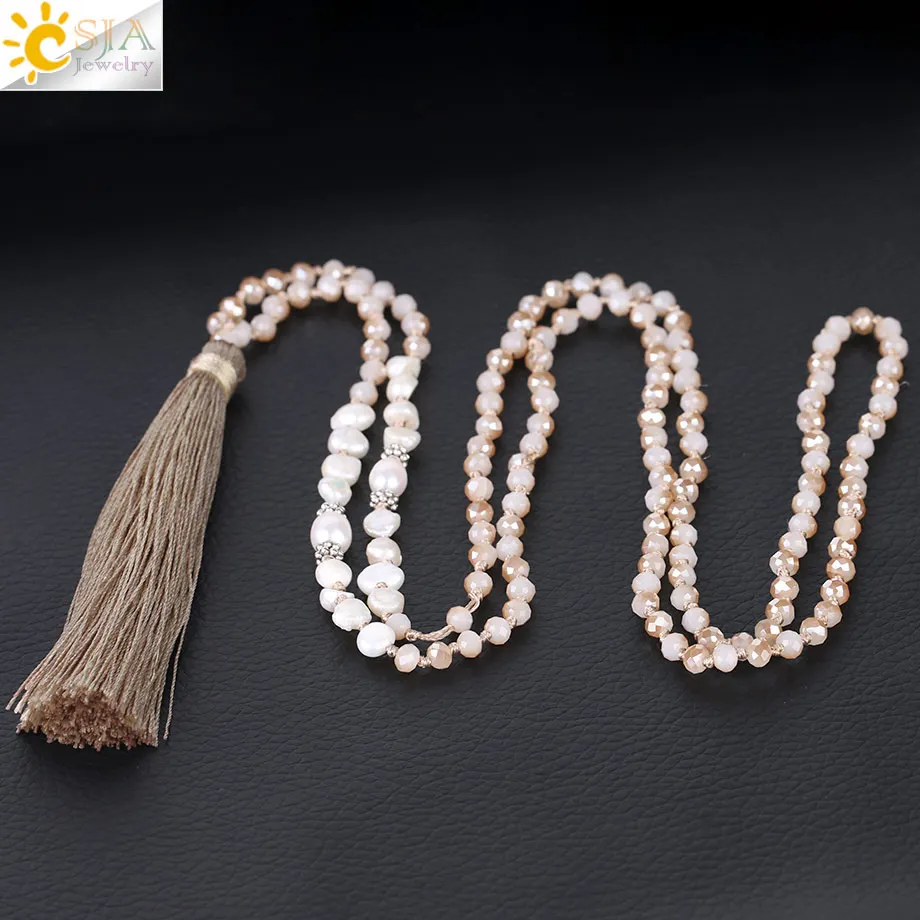 

CSJA Brown Tassel Pendant Glass Bead Necklace for Girls 4mm Matte Faceted Crystal Beads Long Diy Jewelry Dress Decorations S052