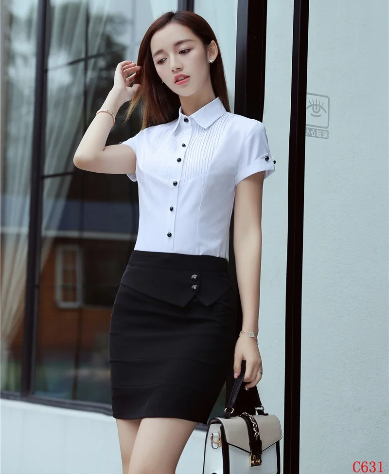 Summer Formal Ladies White Shirts Women Business Suits with Skirt and Blouses Sets Tops Short Sleeve OL Styles
