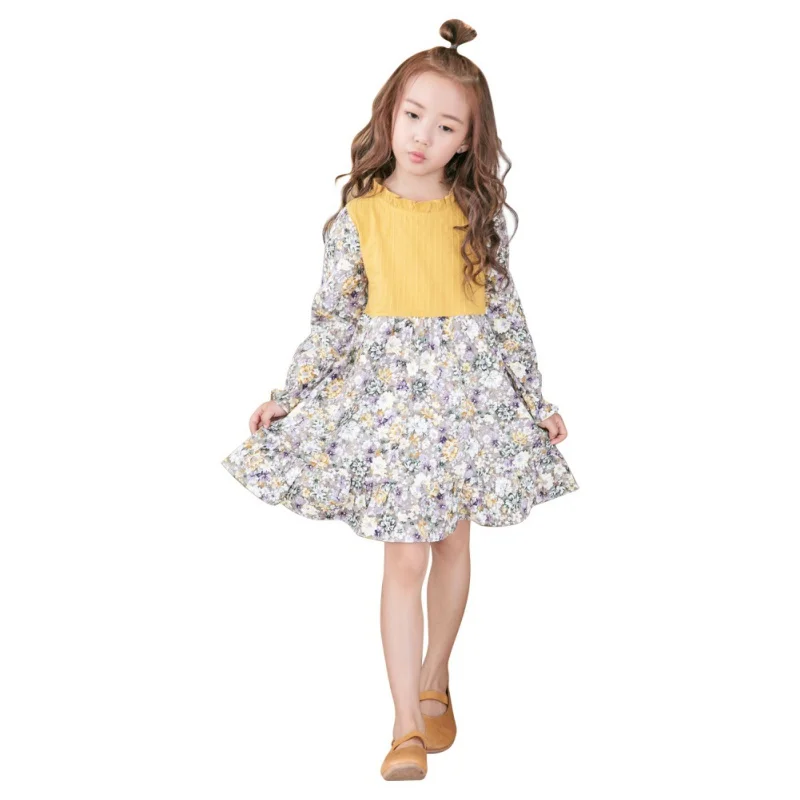 

Children Dresses Solid Warm Small Fresh Garden Shivering Dress Girls Long-sleeve O-neck Lace-collar Patchworwk Dress