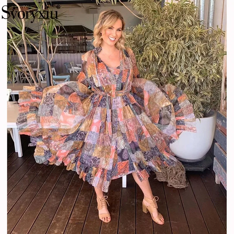 

Svoryxiu 2019 New Spring Summer Runway Lantern Sleeve Long Dress Women's Vintage Pattern Print Holiday Style Dresses Vestdios