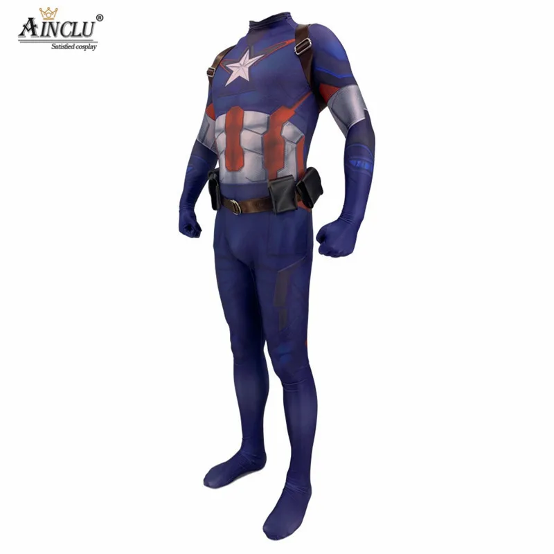 Newest Adults Kids Avengers Endgame Captain America Cosplay Costumes Bodysuits 3D Printed Lycra Zentai Jumpsuits with Belt/Strap