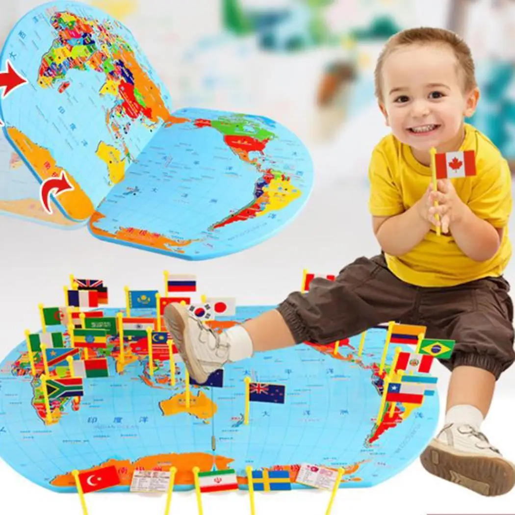 Kids World Map Country Flag Wooden Game Toys Mapt Square Children Educational Toy Above 5 Years Gift Home