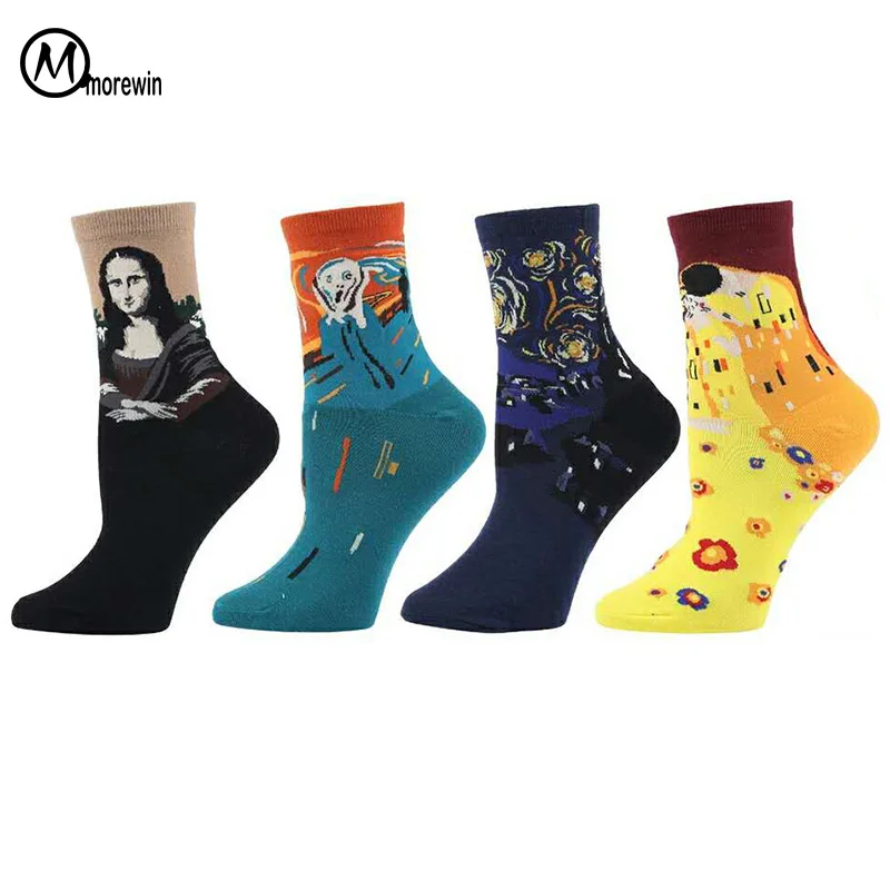 4 пары новых абстрактных модных носков Ван Гог Paiting Mona Lisa художественные хлопчатобумажные забавные носки дизайн повседневные носки Morewin