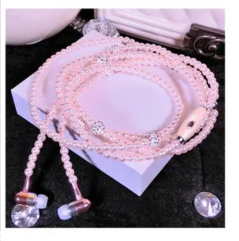 

200pcs/lot Pearl Necklace Earphone In-Ear Pink Rhinestone Jewelry Beads Earphones With Mic For Samsung Xiaomi Brithday Gifts