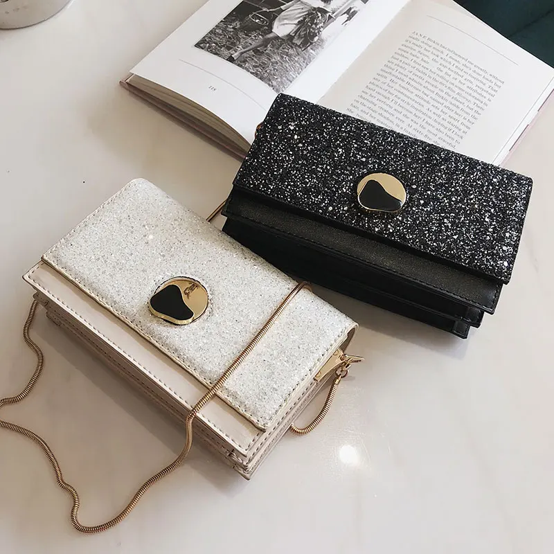 New small bag female 2019 new wave Korean version of the wild Messenger bag small sequins chain fashion lock small square bag