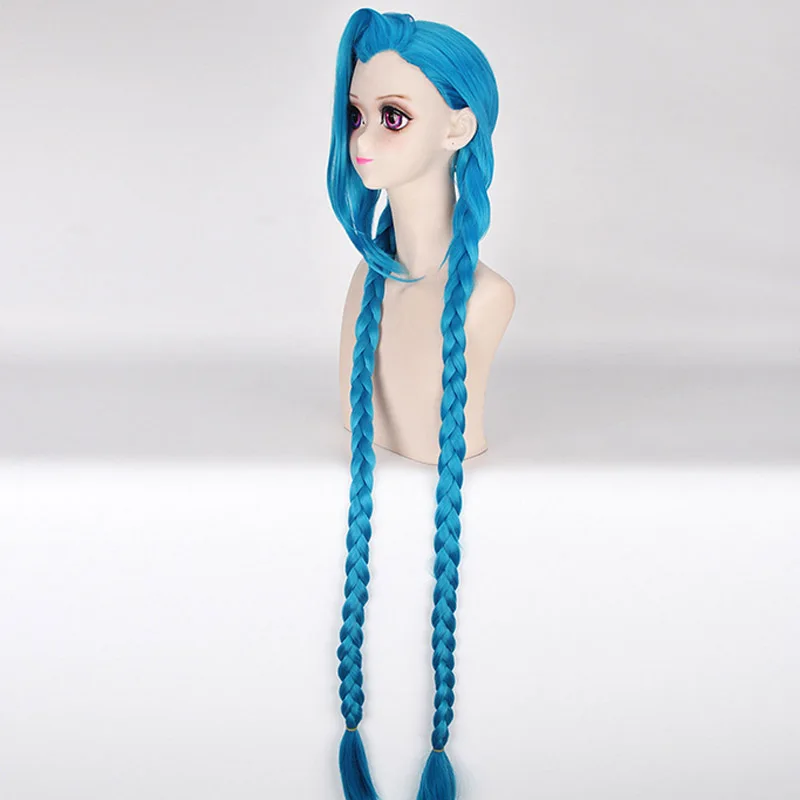 Coshome LOL Jinx Cosplay Wigs Women Blue Double Ponytail Braids Girls Long Hair 120cm For Halloween Party (5)