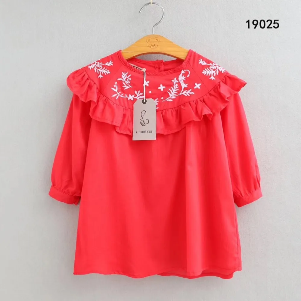 Cute Baby Kids Ruffles Neckline Leaves Embroidered Cotton Dress Summer Holiday Red Blue White Color Girls Blouse | Детская одежда и