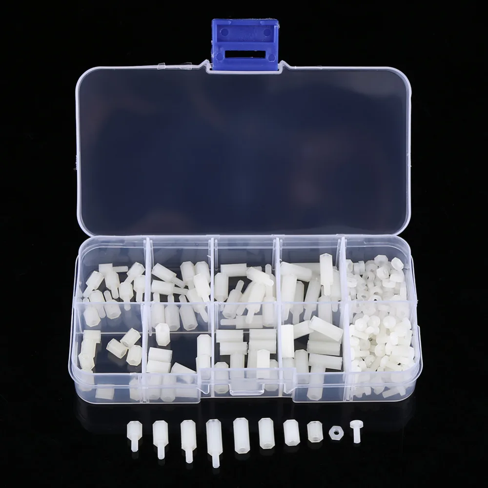 

200pcs/Set M2.5 Nylon Male Female Hex Standoff Bolts Nuts Assortment Set With Plastic Box White Color