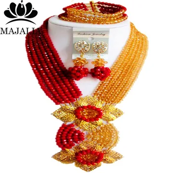 

Majalia Fashion Nigerian Wedding African Jewelry Set Opaque red and Gold champagne Crystal Necklace Bride Jewelry Sets 6SE038