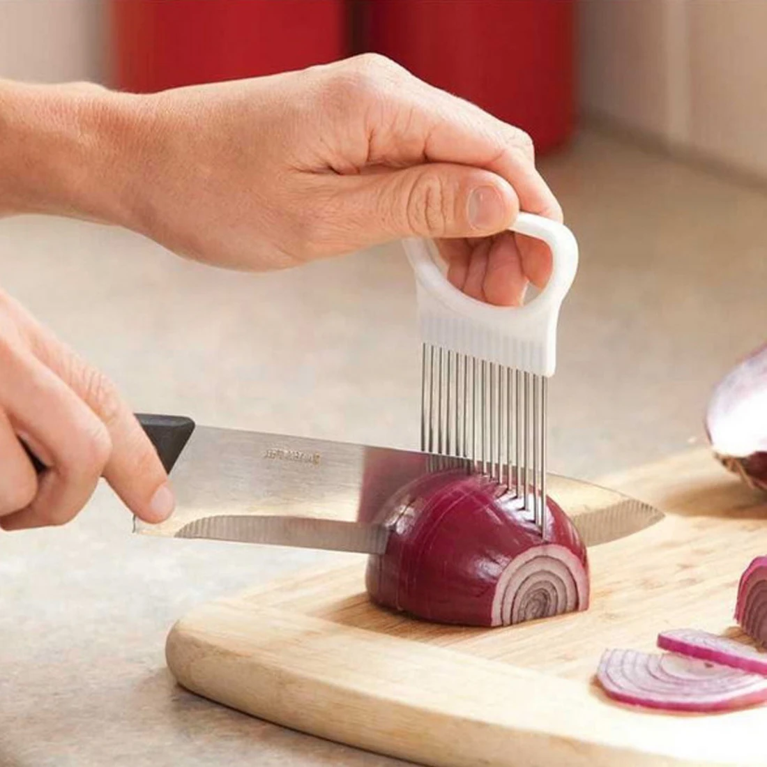 

Stainless steel Shrendders & Slicers Tomato Onion Vegetables Slicer Cutting Aid Holder Guide Slicing Cutter Safe Fork