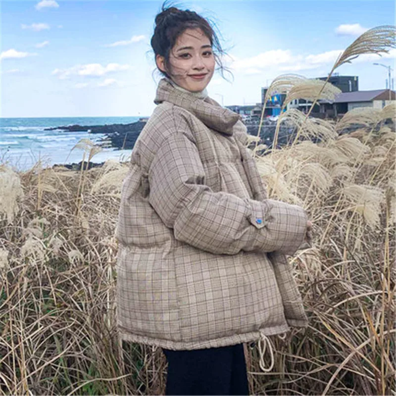 New korean Coats Short Chic Cotton Clothes Female Casual loose Plaid Parkas Coat warm Parkas Women Winter Jackets Tops XA49