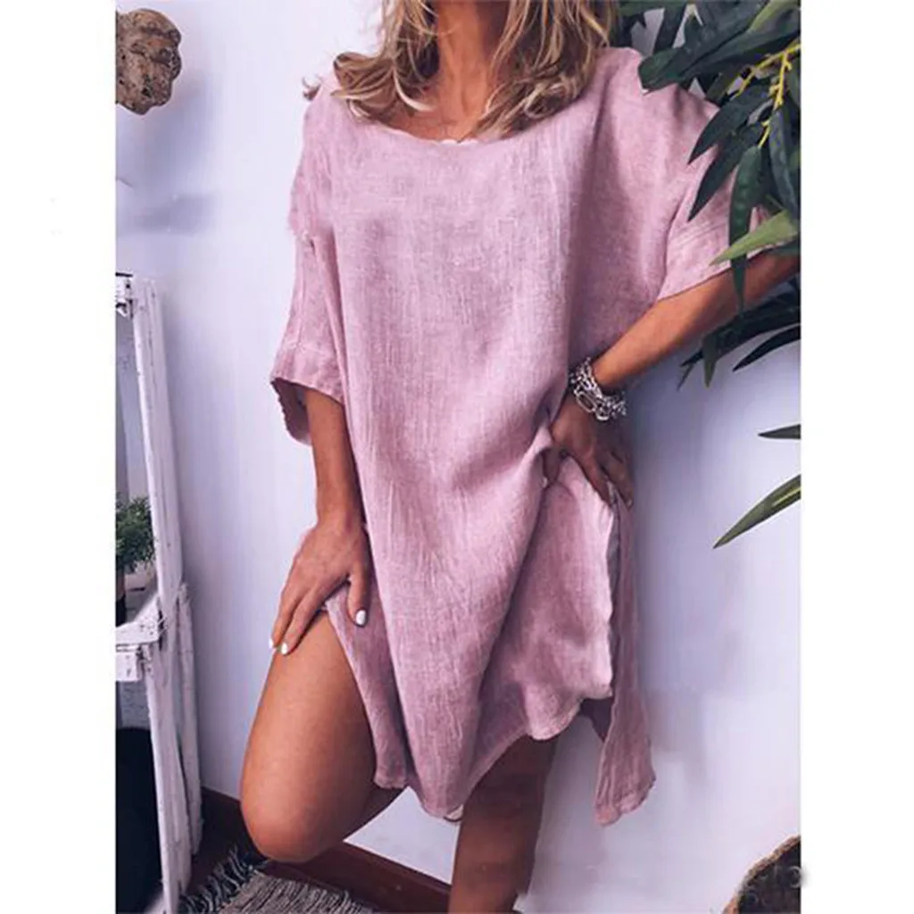 

Women's Summer Clothing Women Dress Casual Cropped Sleeve Solid Color Dresses Daily Loose Mini Sundress Suitable For Home #BL0