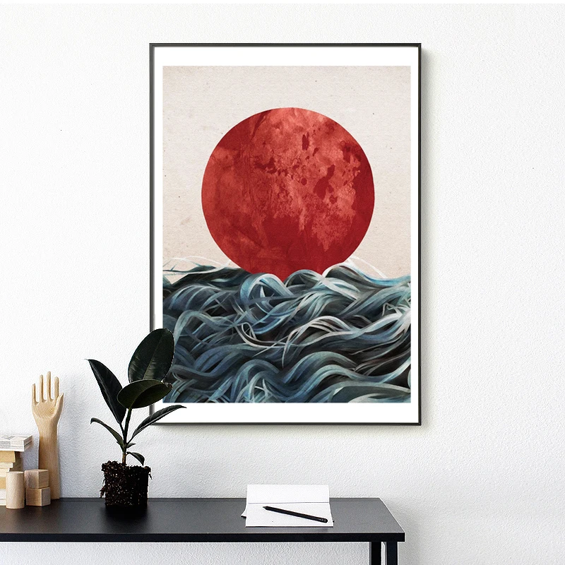 

Geometric abstract nature sea mountains waves sunrise sunset uique design modern canvas oil printing best home wall decor poster
