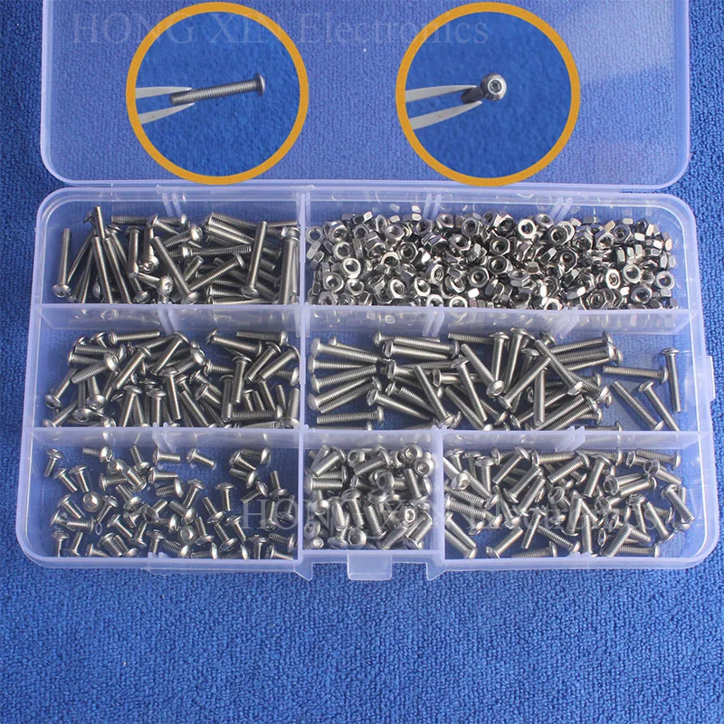 

600pcs/set 304Stainless steel screw Button screw Hex Socket bolt SS304 M3*6/8/10/12/16/20 screw M3 Nut