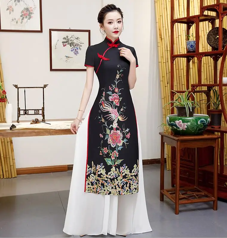 Чёрное длинное платье туника AO Dai в традиционном китайском стиле вечернее