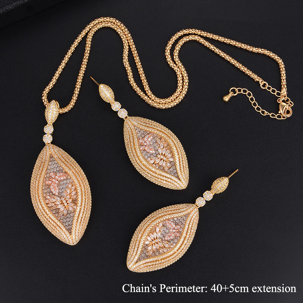 

Fashion Three Tones Geometry Oval Cubic Zirconia Dangle Earrings Necklace Sets For Women Wedding Engagement Jewlery