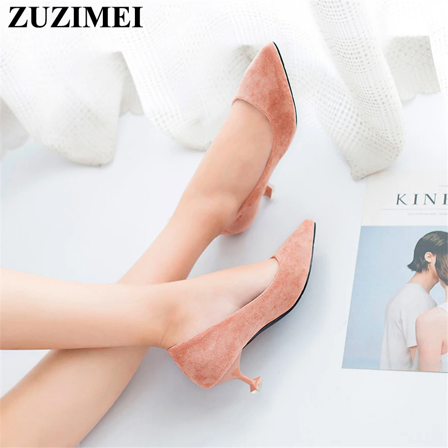 

Concise Shallow Med Heels Shoes 2019 New Autumn Women Pumps Solid Flock Pointed Toe Fashion Women's OL Office Shoes Black Pink
