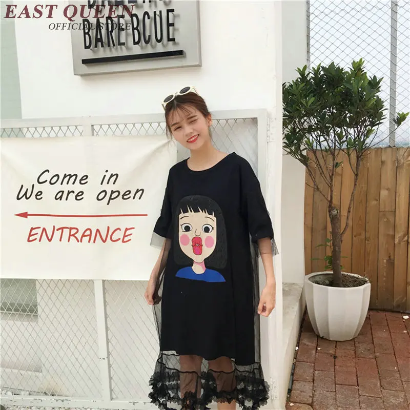 

summer dress kawaii face print short sleeve women dress summer 2018 round neck patchwork lace t-shirt dress NN0591 YQ