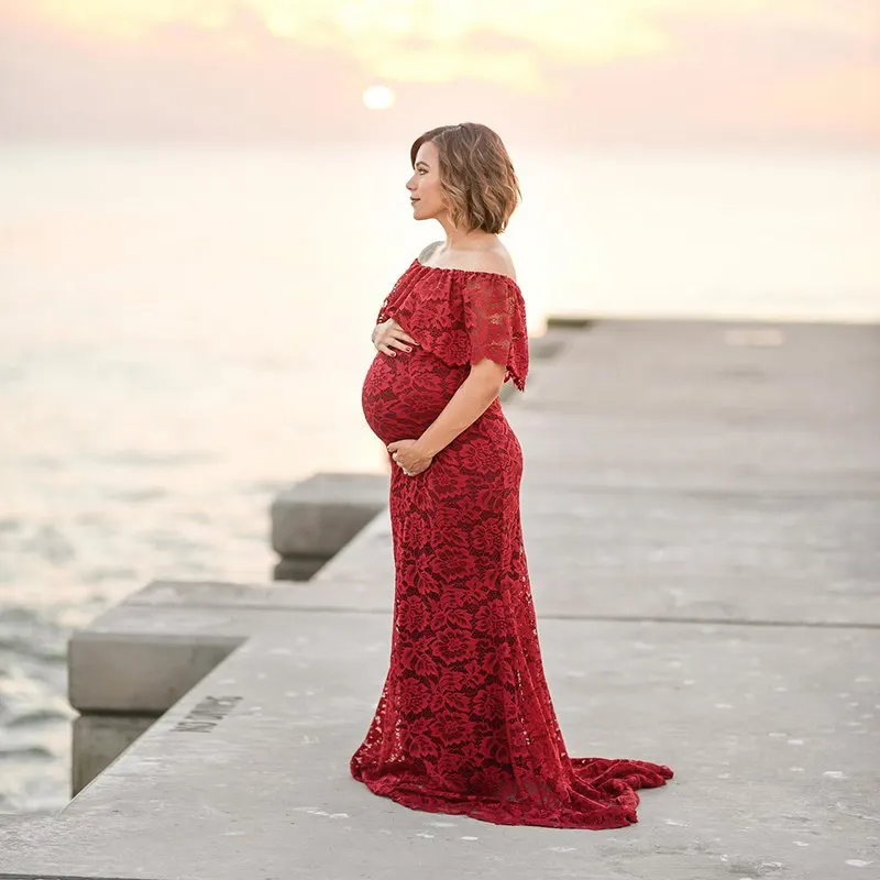 

VOGUEON Women Pregnant Dress for Photography Cowl Neck Fashion Lace Summer Maternity Dress for Baby Shower Lady Evening Gown